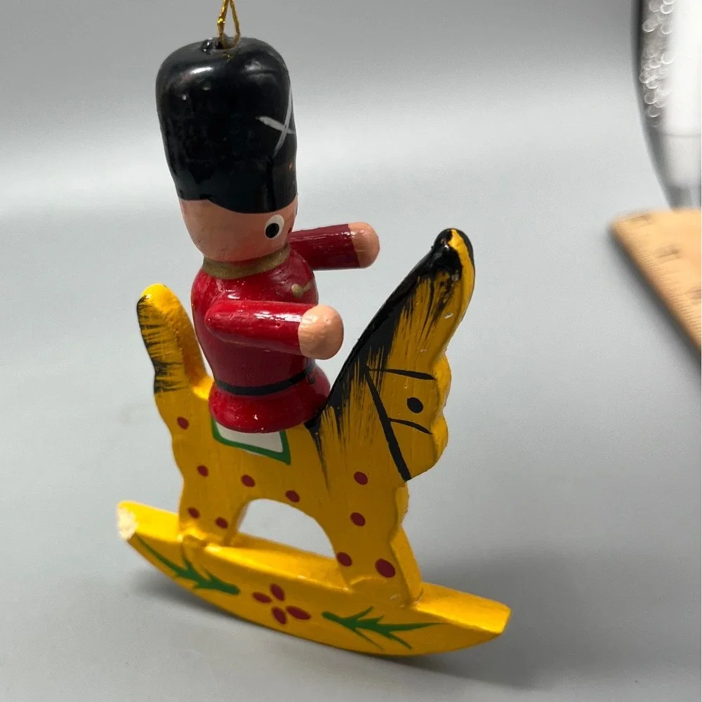 Vintage‎ Soldier on Wooden Rocking Horse Ornament Yellow Toy Pony Red
